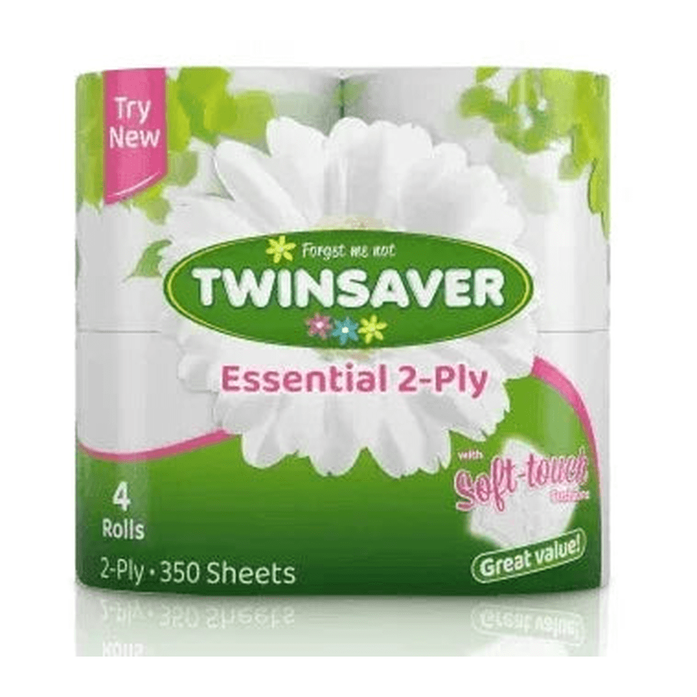 TWINSAVER TOILET PAPER ESSENTIAL 2PLY 4 PACK 350SH - T QUIP