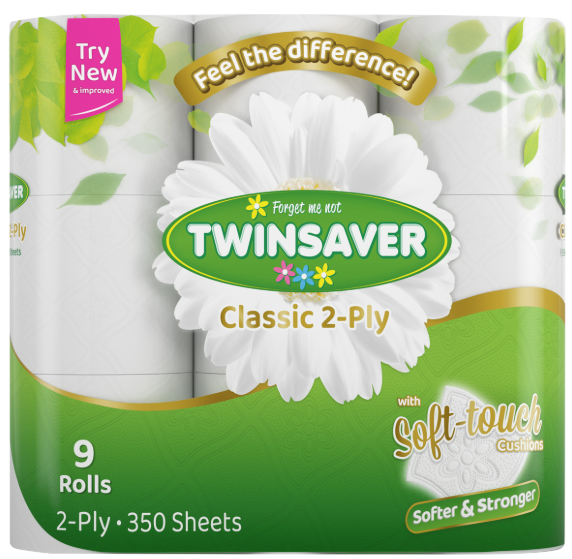 Twinsaver toilet paper package with a white flower graphic on a green background