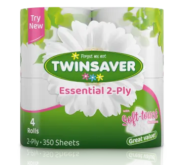 Twinsaver essential 2-ply toilet paper package with white flowers on a green background