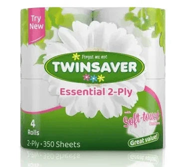 TWINSAVER TOILET PAPER ESSENTIAL 2PLY 4 PACK 350SH - T QUIP